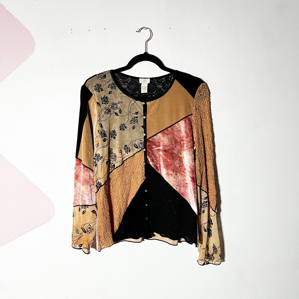 J. Jill Patchwork Cardigan Medium Mixed Media Velvet Lace Floral Fairy